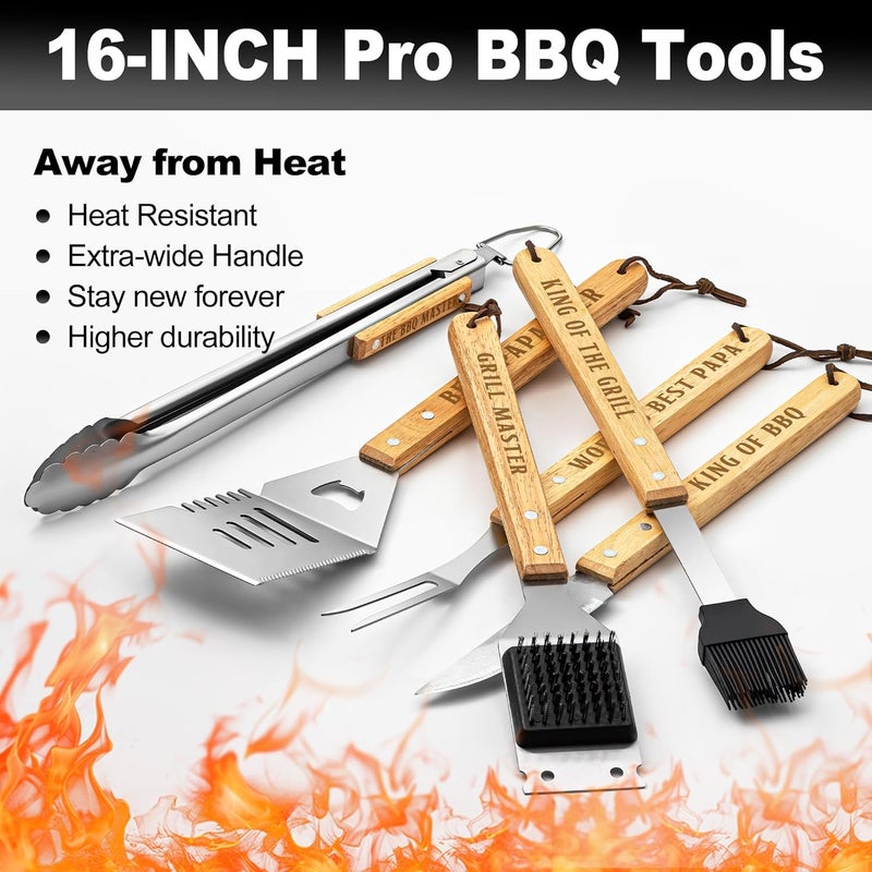 LEWARAN Papa Gifts from Grandkids, Papa Grilling Gift Heavy Duty Wooden BBQ Grilling Accessories Kit for Backyard, Thick Stainless Steel Grill Utensils with Non-Slip Handle Tools in Portable Bag on Christmas - Image 2